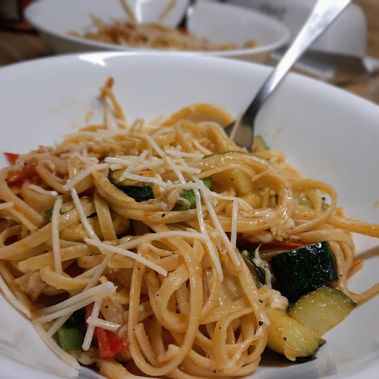 Garden pasta made from fresh vegetables straight from the garden.