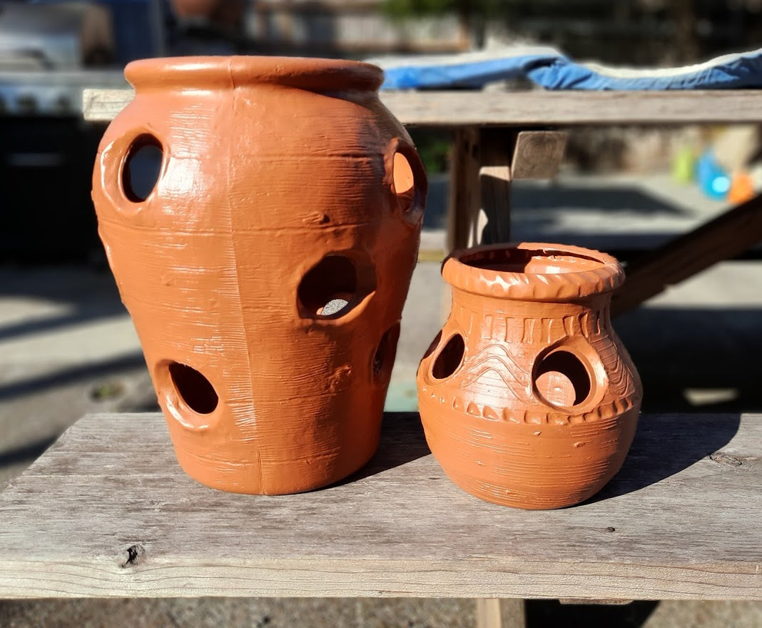 8 inch and 14 inch Aztec Strawberry planter jar, union made in the USA