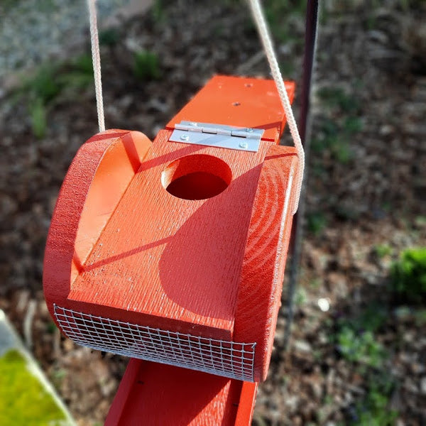 Amish made cardinal birdfeeder, hinged opening for easy filling. Handmade out of wood and painted with exterior paint.