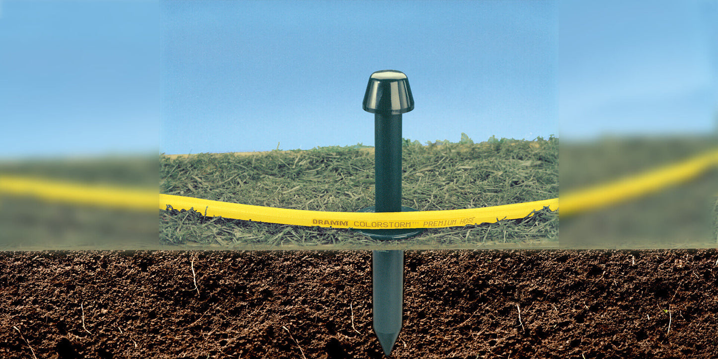 Dramm Garden Gard, shows underground and above ground view of hose guide installed in a lawn.