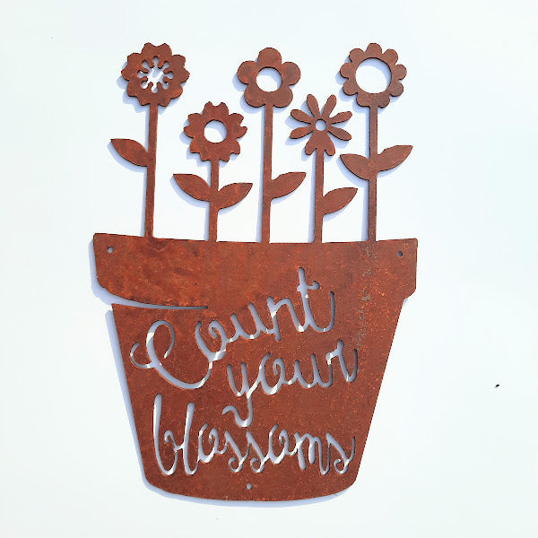Rustic Metal Cut-Out Sign - Flower Pot - Count Your Blossoms