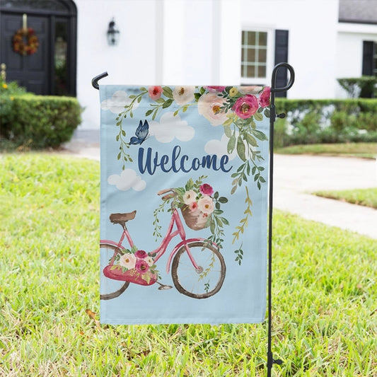 Garden flag - Welcome with a Blue Sky Pink Bicycle with Flowers