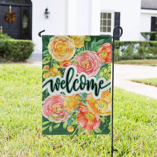 Farmhouse Floral Welcome flag for the garden or yard.