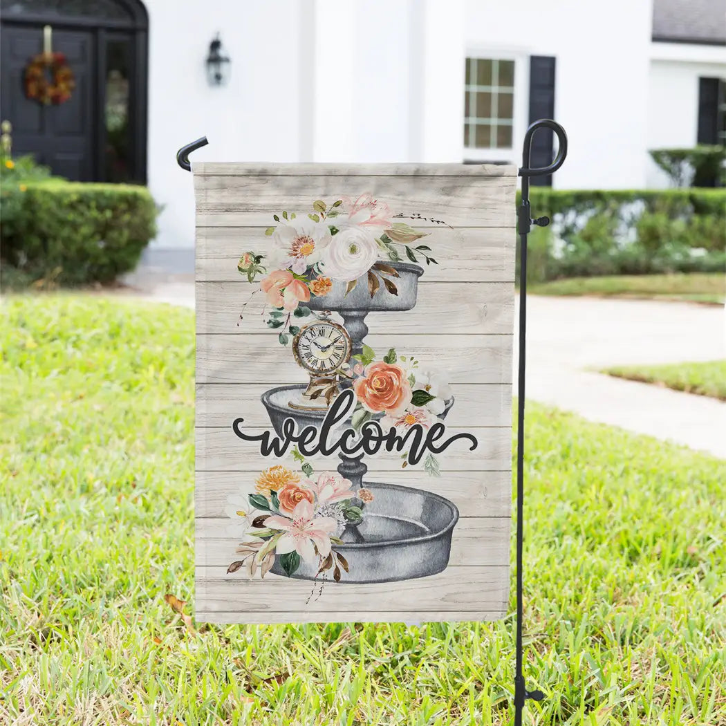 Light Wood Farmhouse Metal Tray with Flowers Welcome Garden Flag