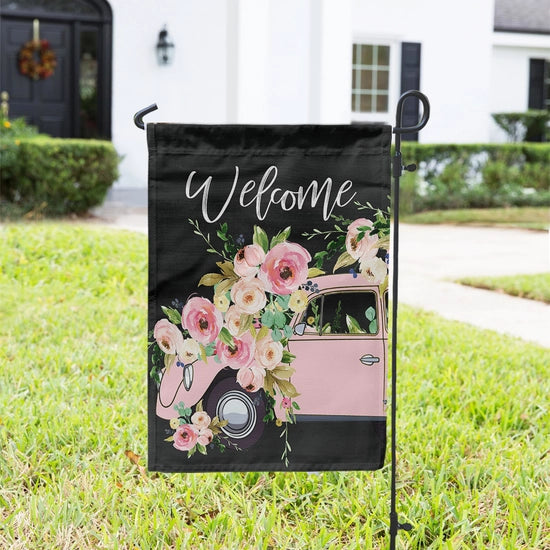 Pink Vintage VW Bug and Flowers Welcome Garden Flag