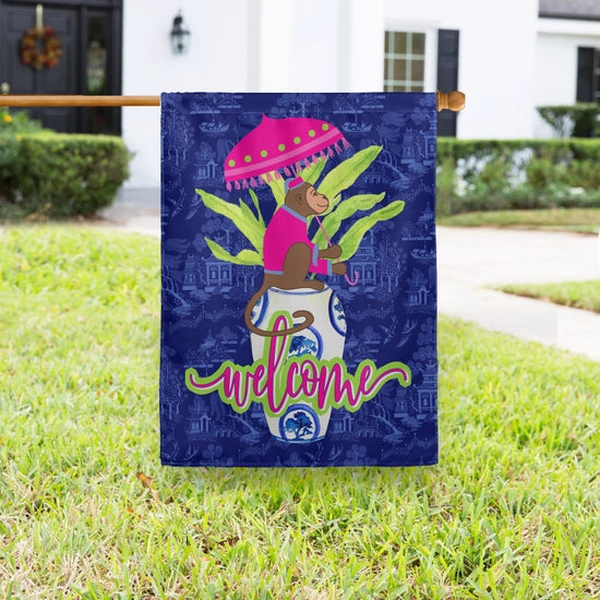 Welcome garden flag with Ginger Jar Chinoiserie Toile Monkey with Umbrella