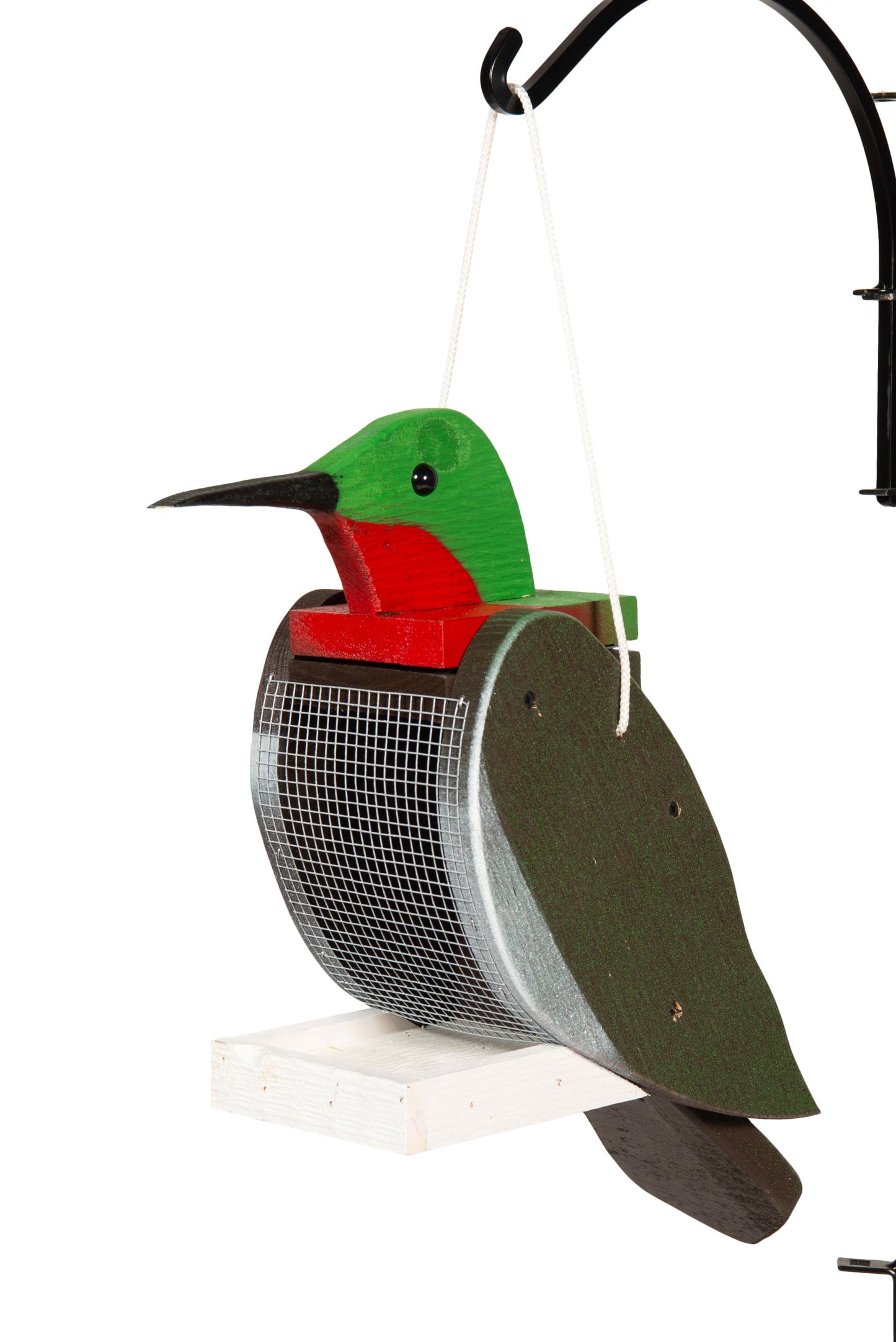 Amish made Hummingbird shaped wooden birdfeeder. Handmade out of wood and painted with exterior paint.
