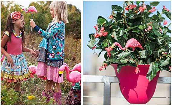 Mini Pink Flamingos with kids and in a potted railing plant.