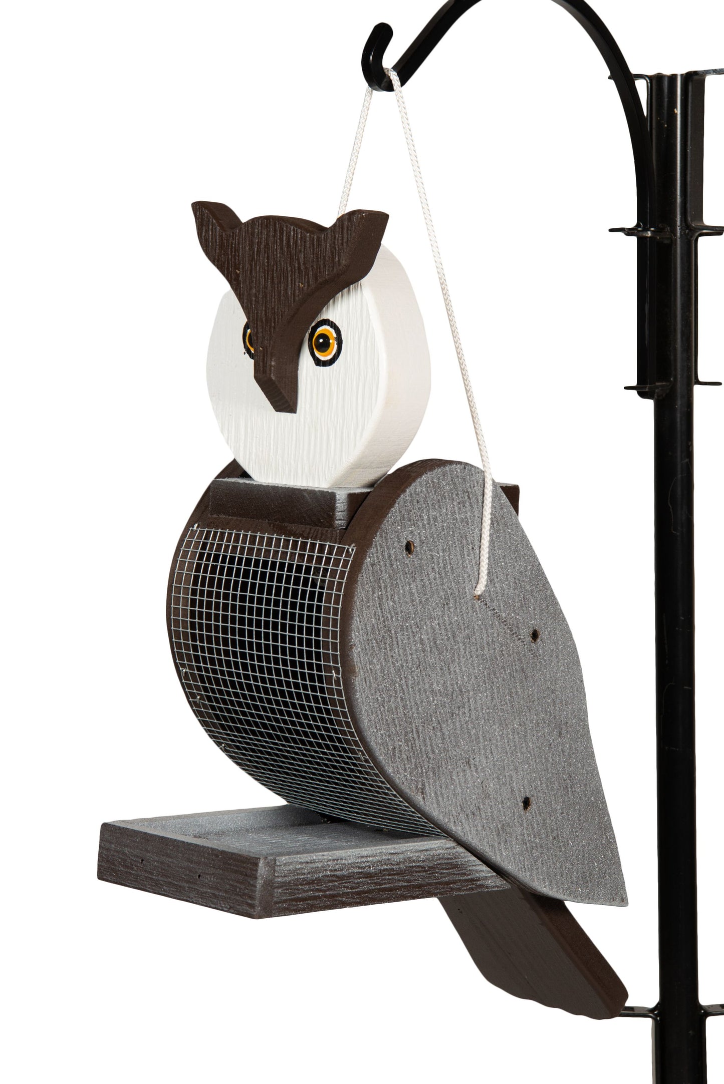 Amish made owl birdfeeder. Handmade out of wood and painted with exterior paint.