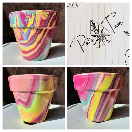 Hand Painted Terra Cotta Planter - Acrylic Pour Method - 4 1/2"