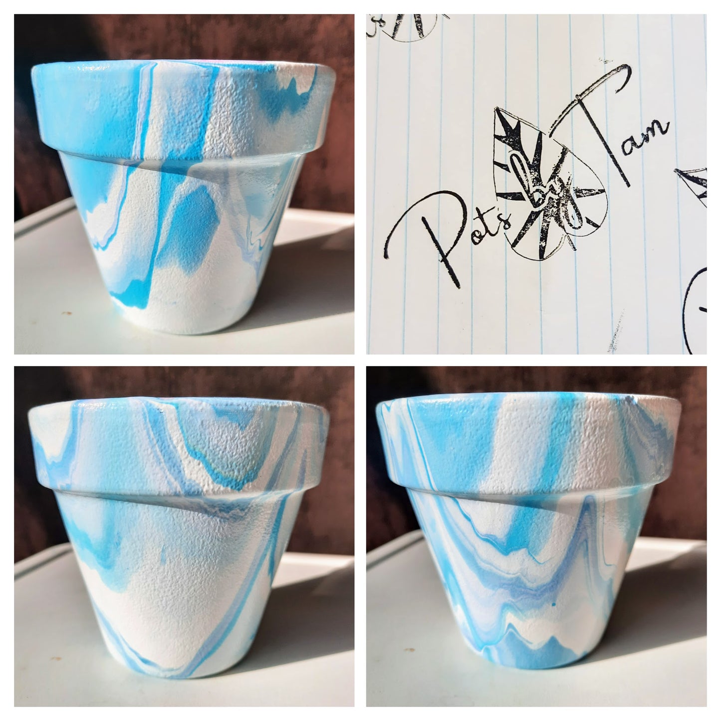 Hand Painted Terra Cotta Planter - Acrylic Pour Method - 4 1/2"