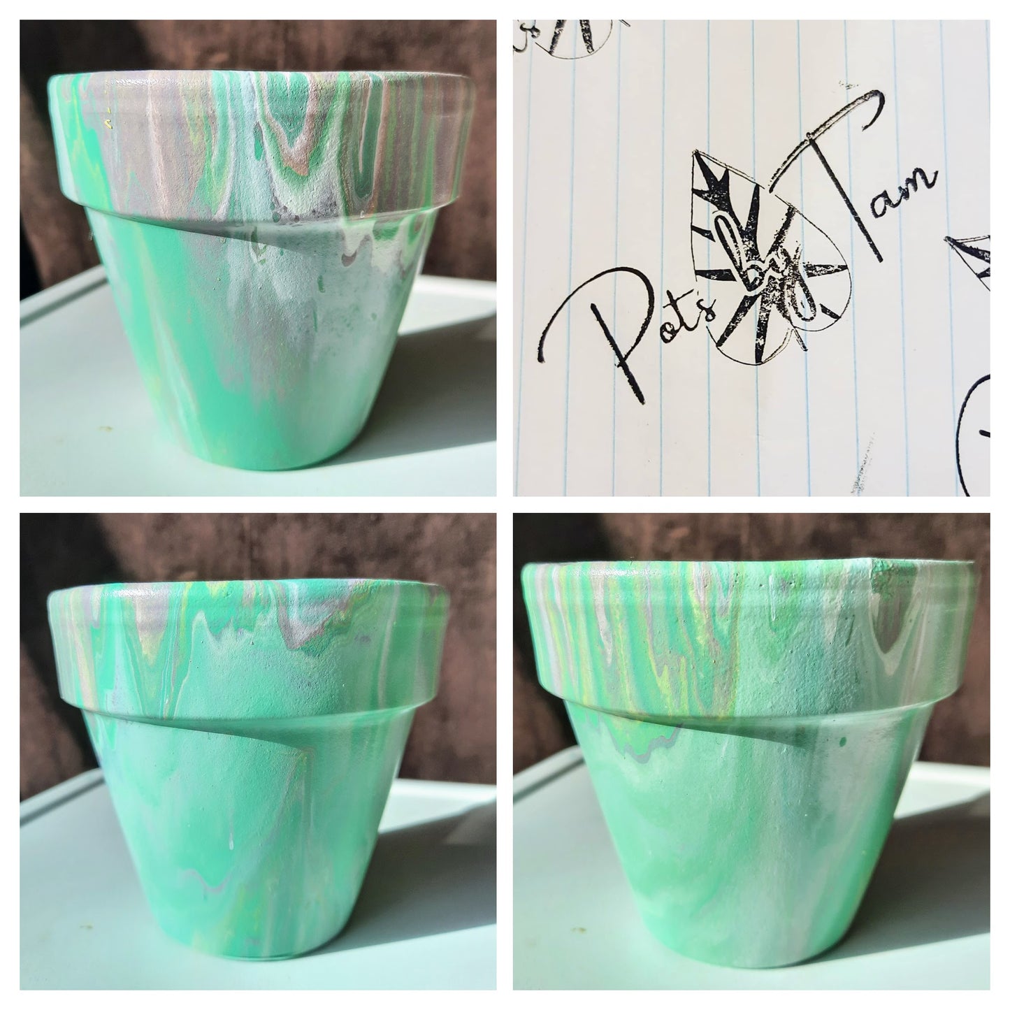 Hand Painted Terra Cotta Planter - Acrylic Pour Method - 4 1/2"