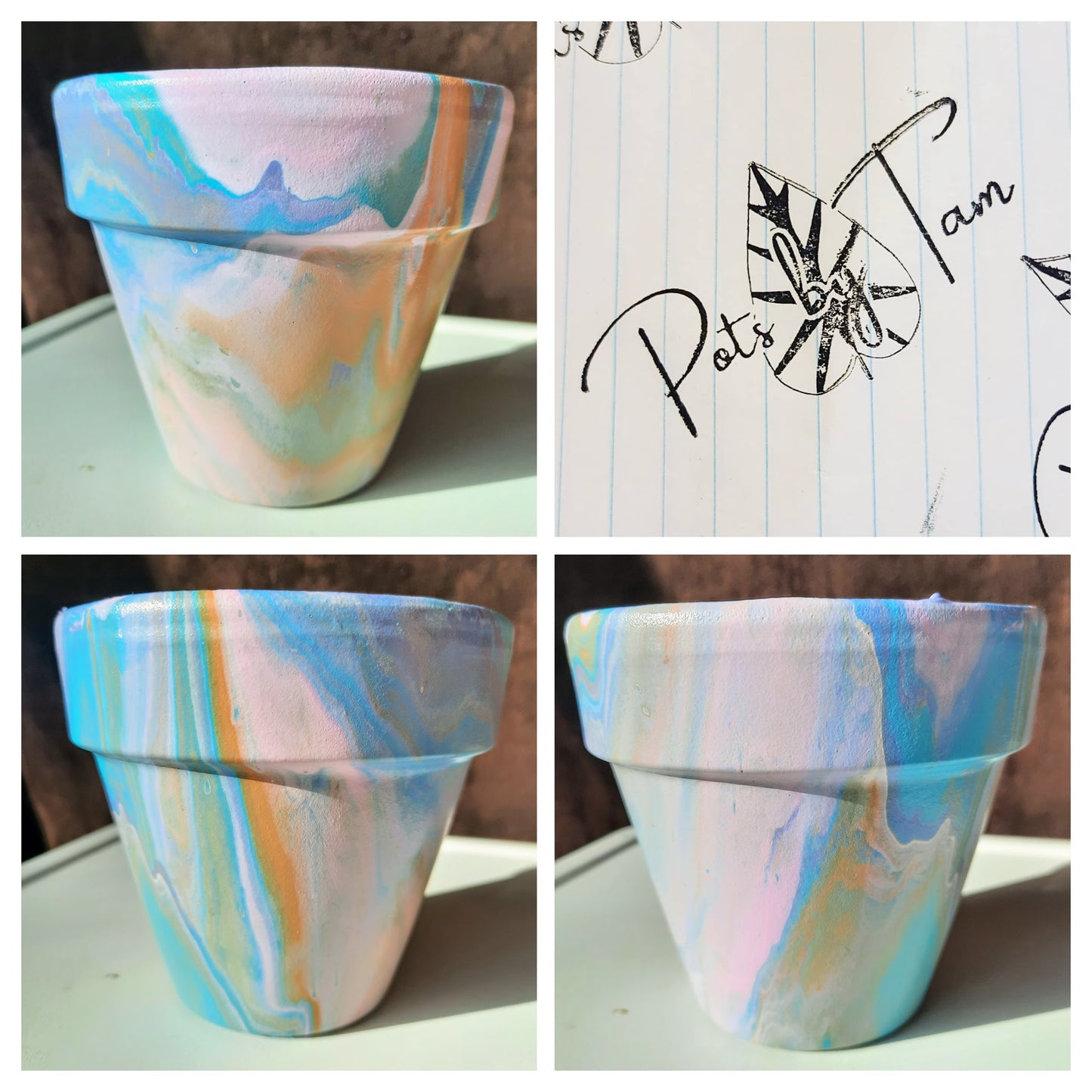 Hand Painted Terra Cotta Planter - Acrylic Pour Method - 4 1/2"