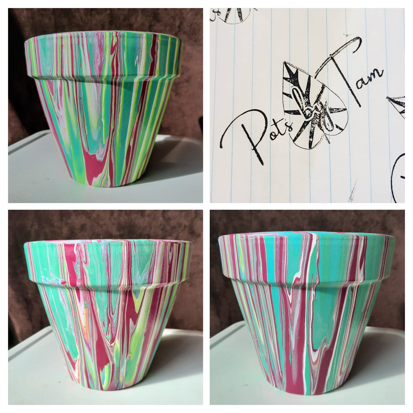Hand Painted Terra Cotta Planter - Acrylic Pour Method - 6"
