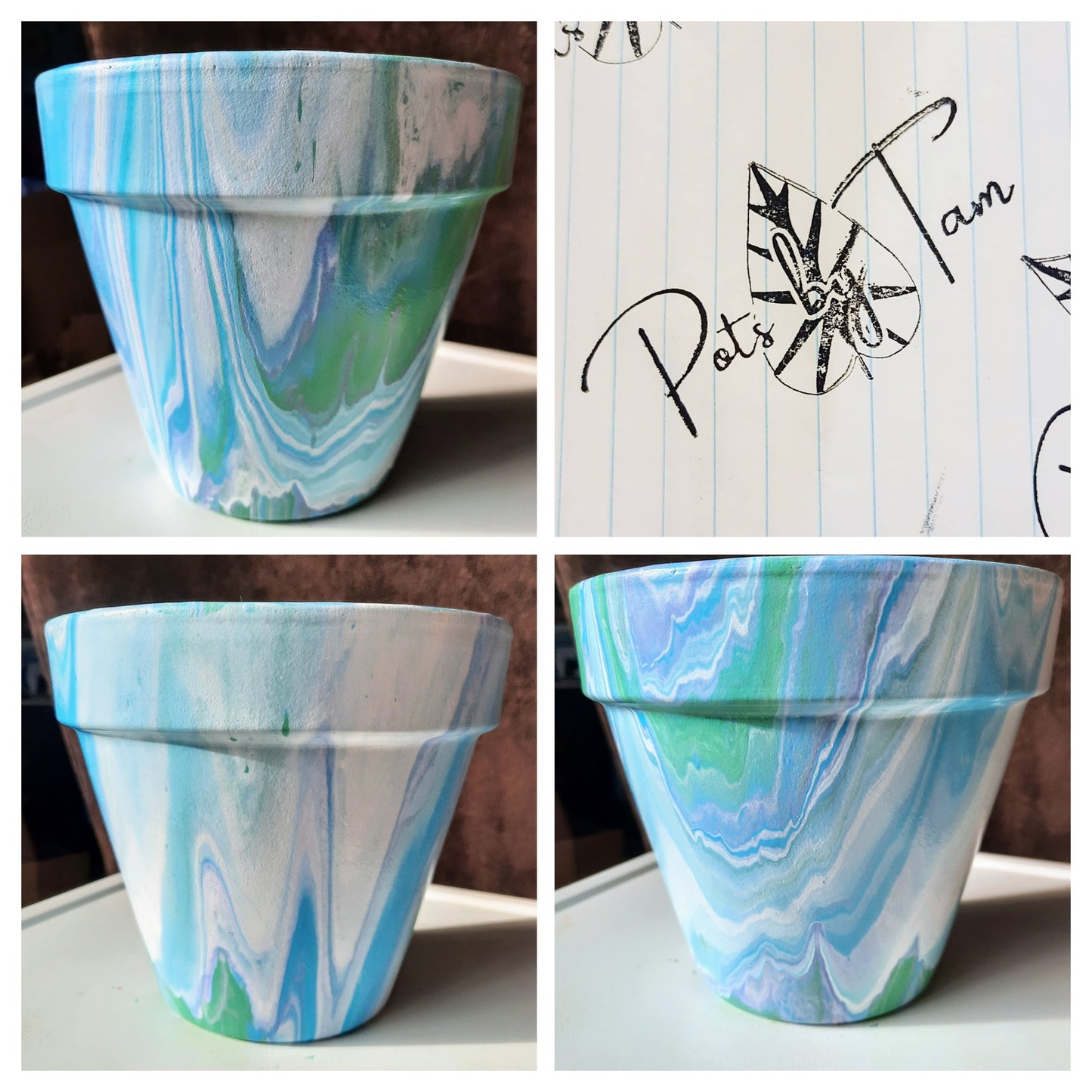 Hand Painted Terra Cotta Planter - Acrylic Pour Method - 6"