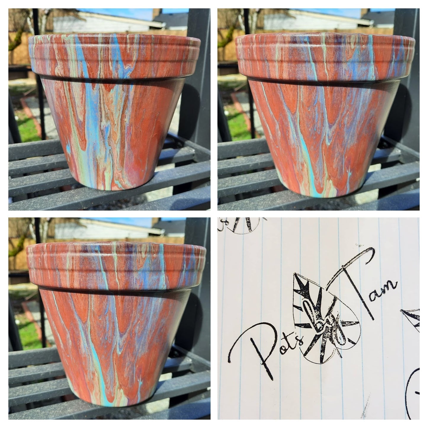 Hand Painted Terra Cotta Planter - Acrylic Pour Method - 6"