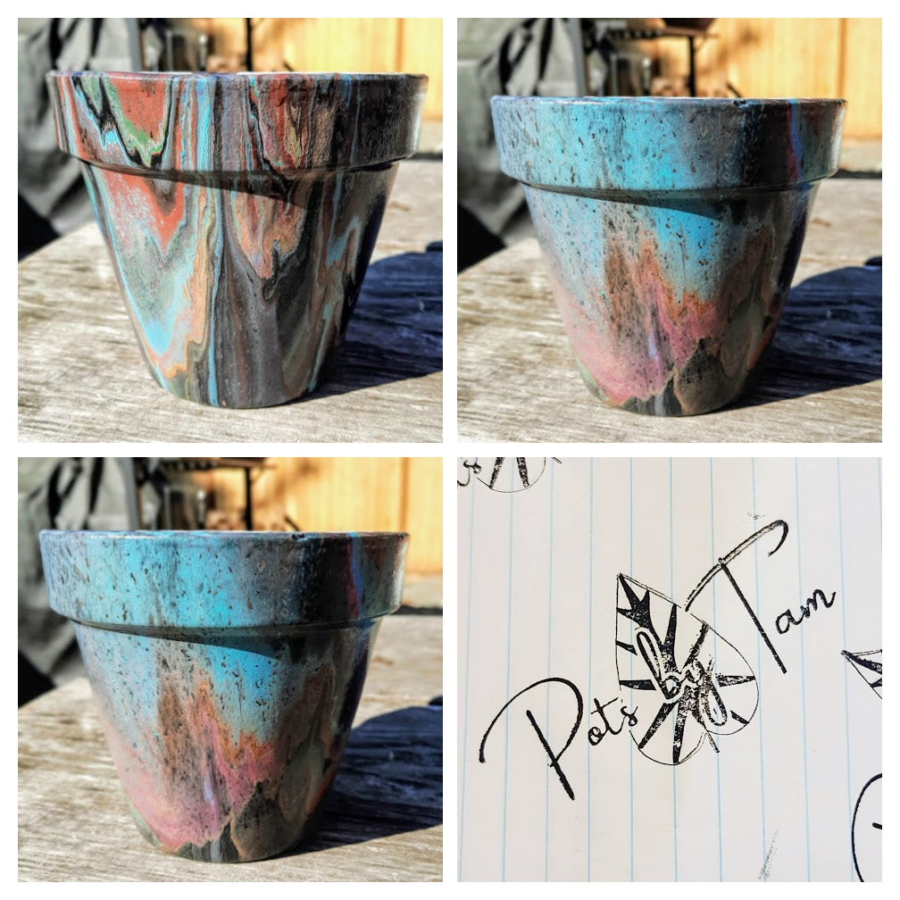 Hand Painted Terra Cotta Planter - Acrylic Pour Method - 6"