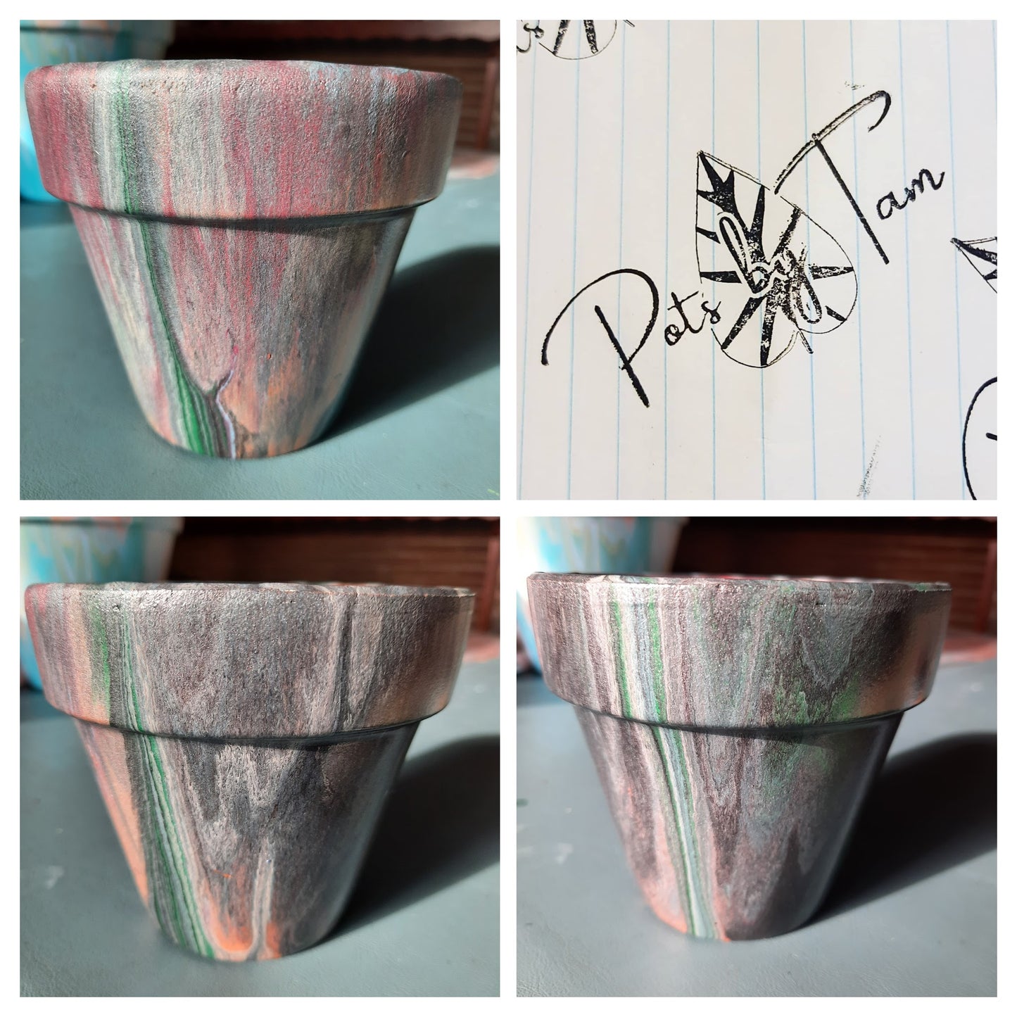 Hand Painted Terra Cotta Planter - Acrylic Pour Method - 4 1/2"