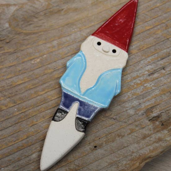 Pottery Gnome Garden Stake - Handmade - 6"