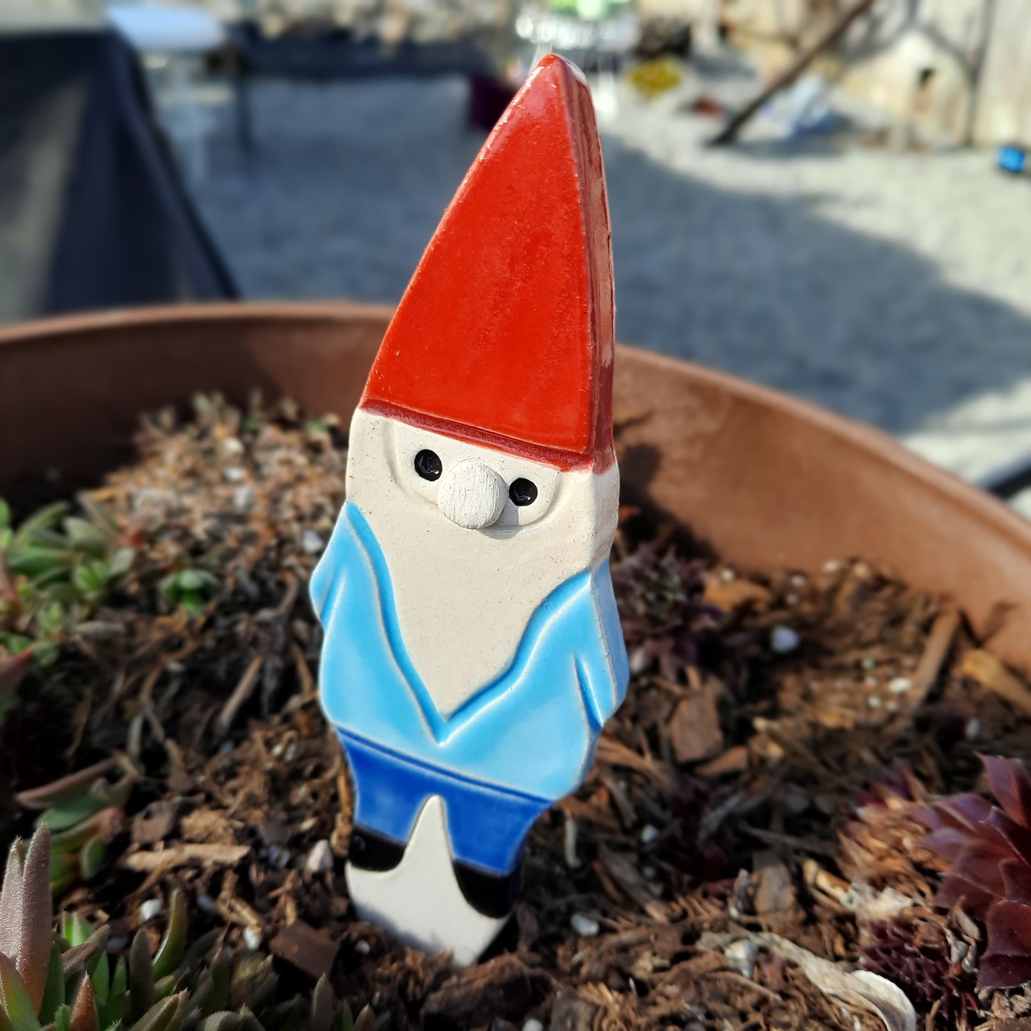 Pottery Gnome Garden Stake - Handmade - 6"