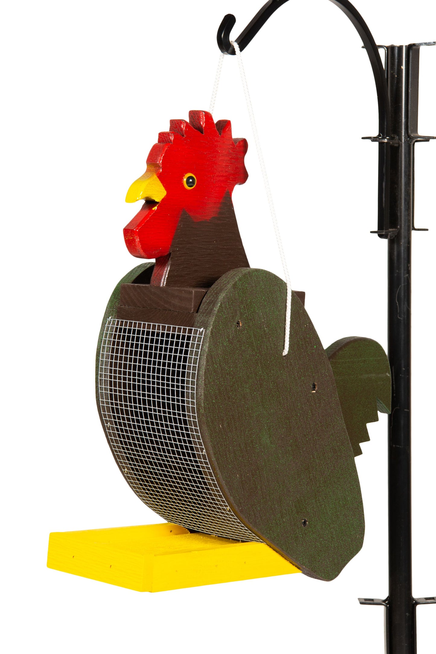 Amish made rooster birdfeeder. Handmade out of wood and painted with exterior paint.