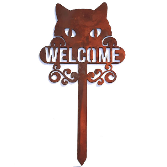 Rustic Metal Cut-Out - Garden Stake - Cat - Welcome