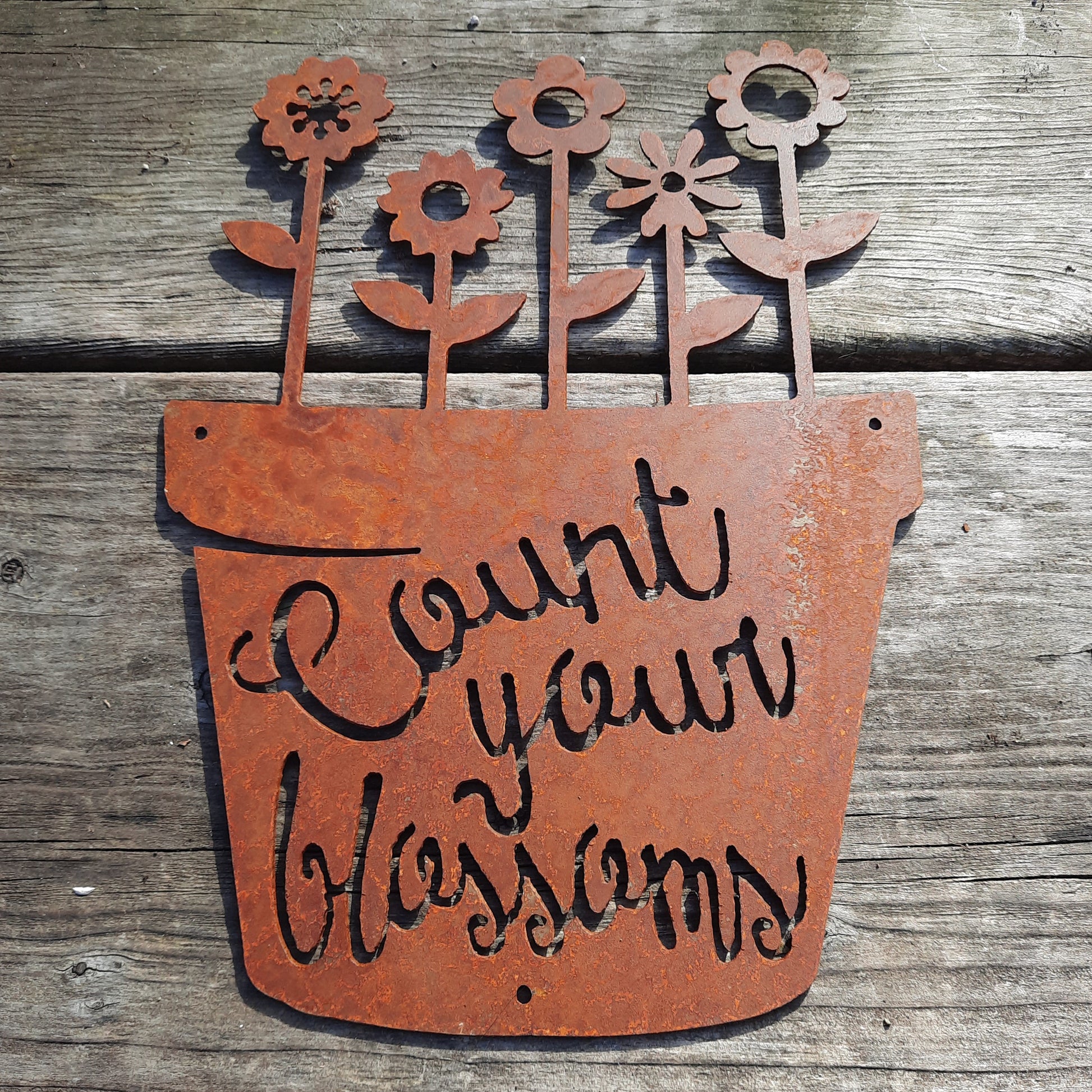 Rustic Metal Flower Pot Sign - Count Your Blossoms