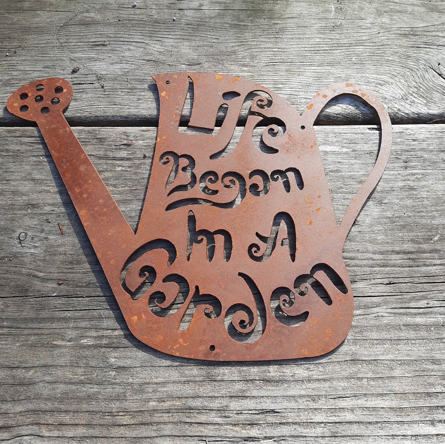 Rustic Metal Watering Can Sign - Life Began in a Garden