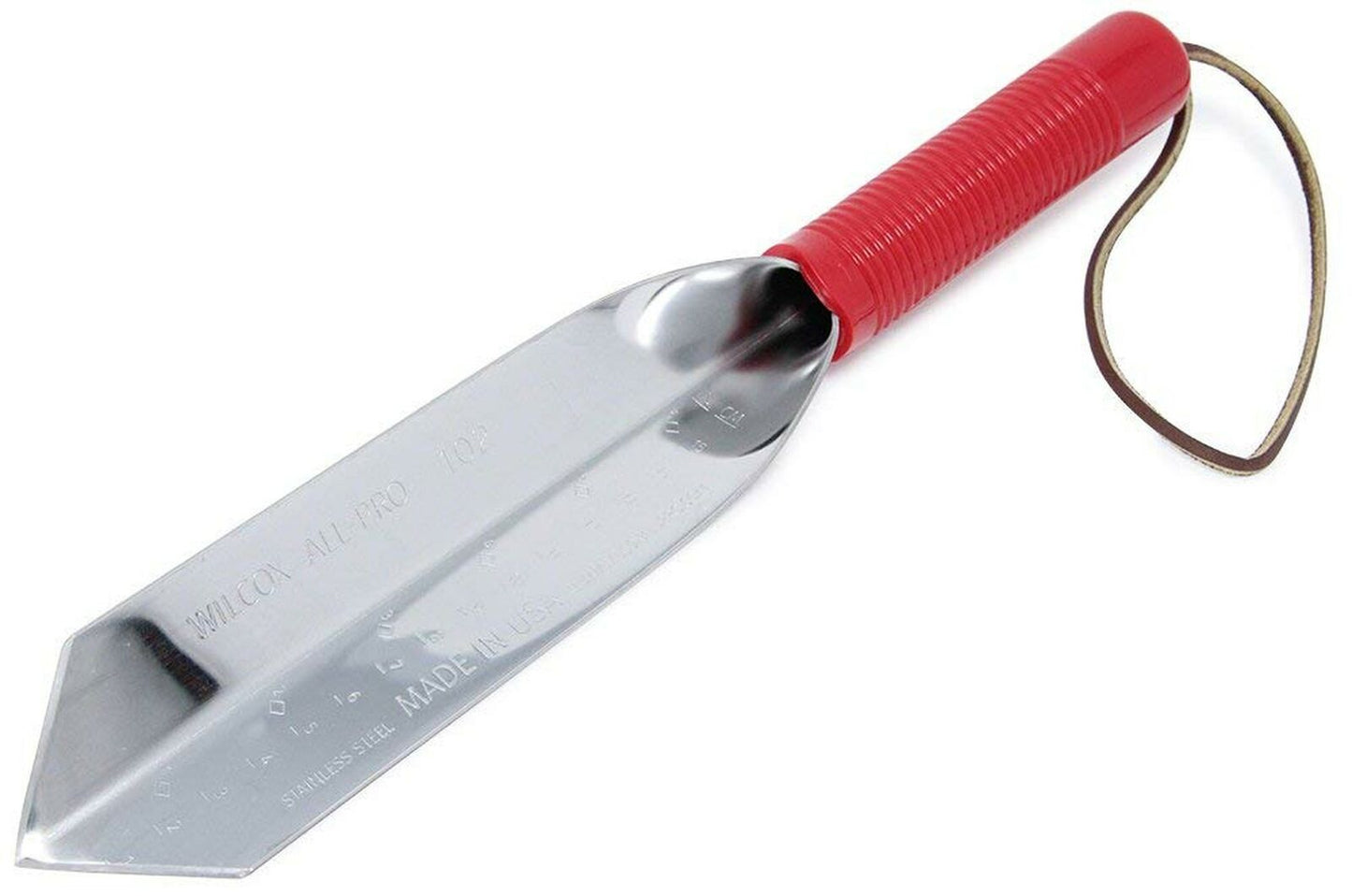 Wilcox 12 inch stainless steel trowel with red handle and leather wrist strap