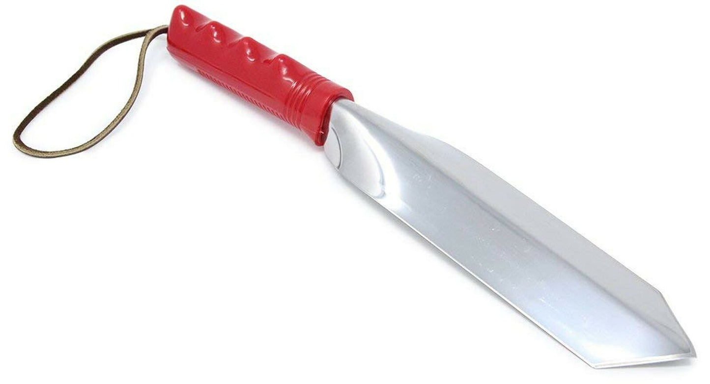 Wilcox 12 inch trowel with red handle with leather wrist strap, bottom view