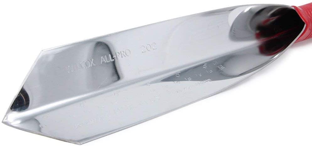 Wilcox 14 inch stainless steel trowel with red handle and leather wrist strap