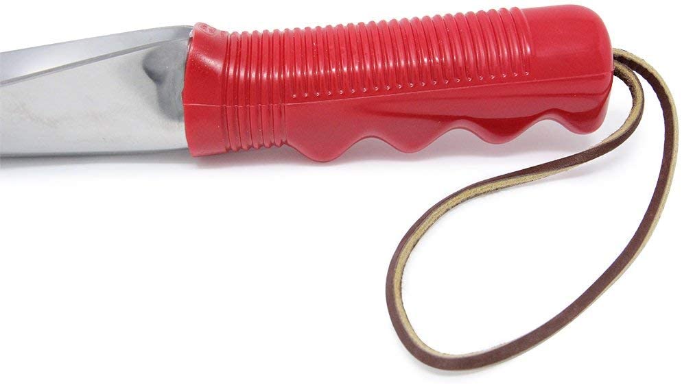 Wilcox 14 inch stainless steel trowel with red handle and leather wrist strap