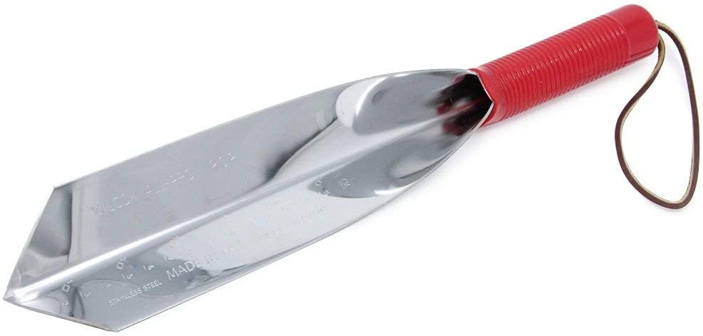 Wilcox 14 inch stainless steel trowel with red handle and leather wrist strap