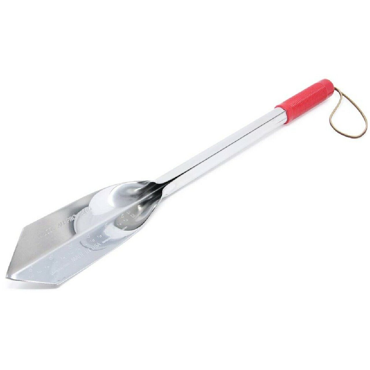 Wilcox 22 inch stainless steel trowel with red handle and leather wrist strap