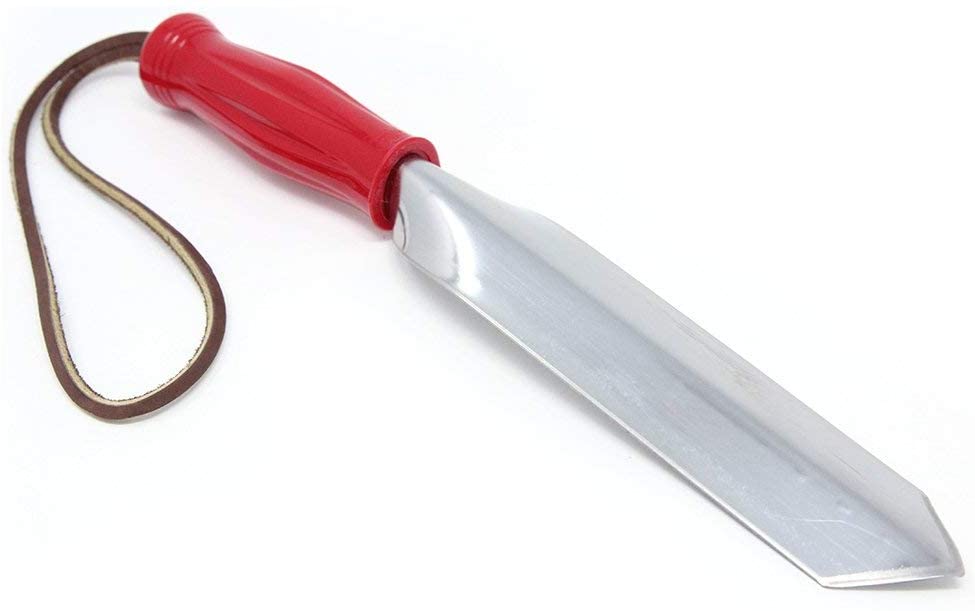 Wilcox 9 inch stainless steel trowel with red plastic handle with leather wrist strap, bottom view