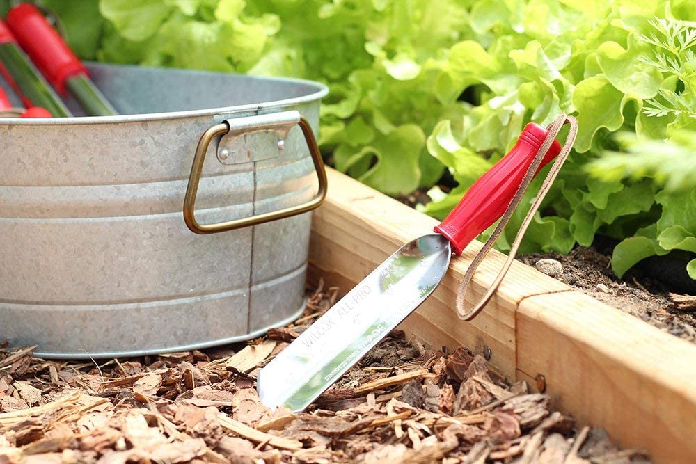 Wilcox 9 inch stainless steel trowel with red plastic handle with leather wrist loop