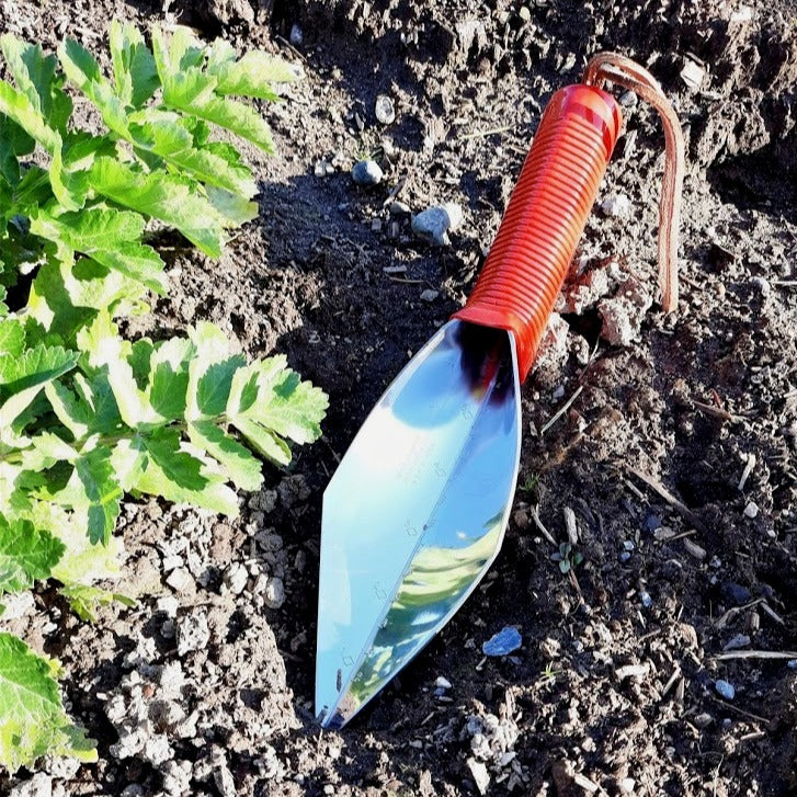 Wilcox stainless steel 10 inch gardener's trowel with pointed tip, red plastic handle and leather wrist strap, made in the USA