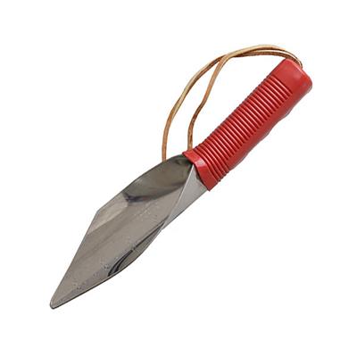 Wilcox stainless steel 10 inch gardener's trowel with pointed tip, red plastic handle and leather wrist strap, made in the USA