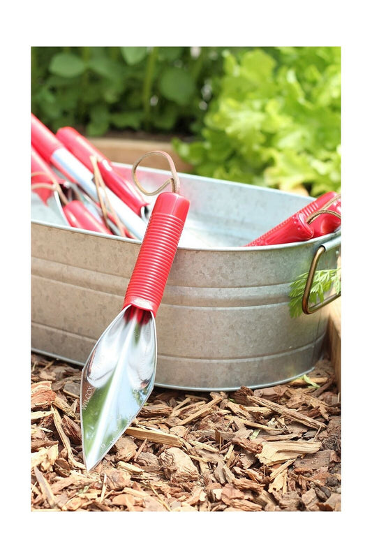 Wilcox stainless steel 10 inch gardener's trowel with pointed tip, red plastic handle and leather wrist strap, made in the USA