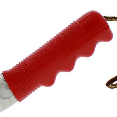 Wilcox stainless steel 10 inch gardener's trowel with pointed tip, red plastic handle and leather wrist strap, made in the USA