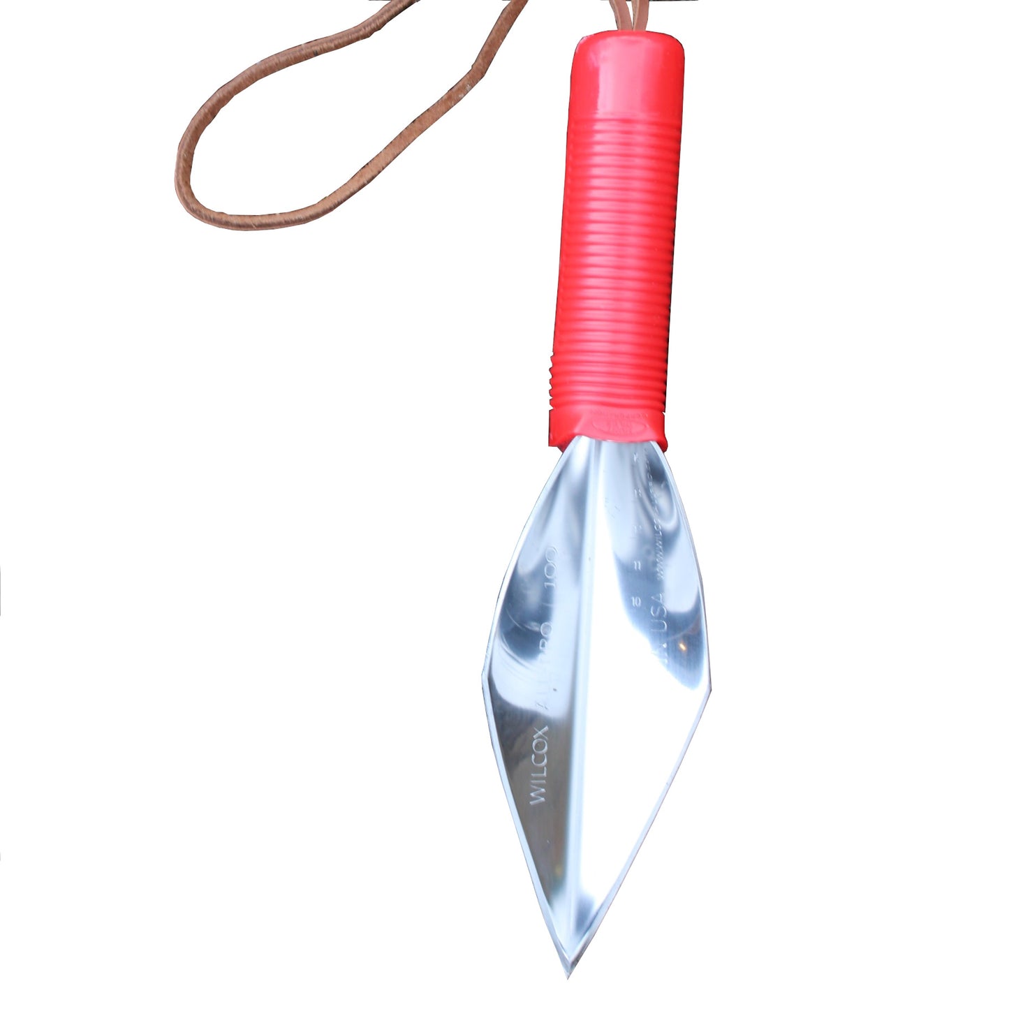 Wilcox stainless steel fine pointed trowel with plastic red handle and leather wrist strap, made in the USA