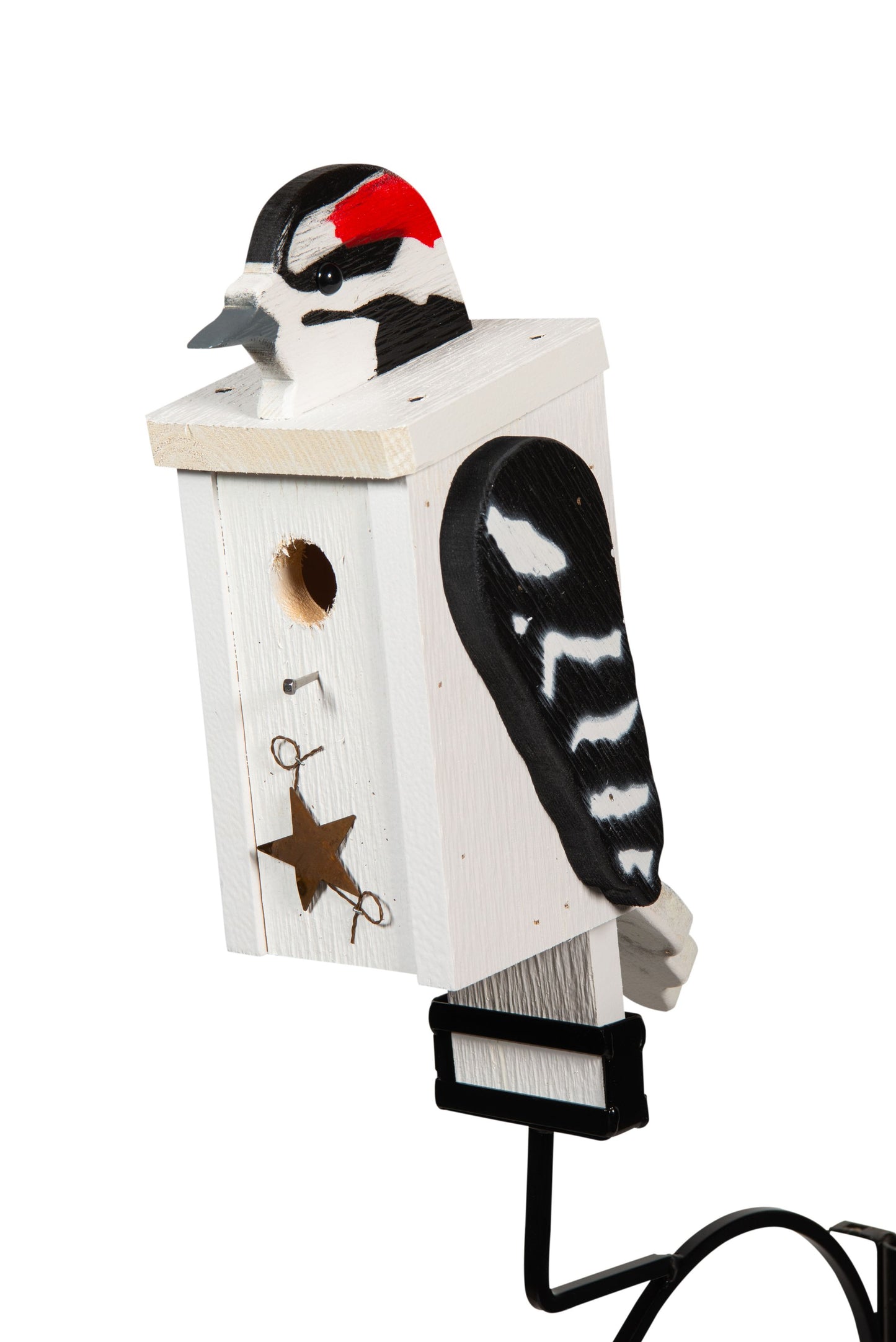 Woodpecker birdfeeder, made by the Amish out of quality wood, painted with exterior paint. Made in the USA.