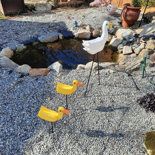 Wooden yard bird duck family, momma and 2 chicks