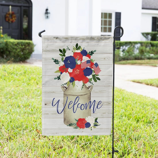 USA America 4th of July Red Blue Jug Flowers Welcome Garden Flag