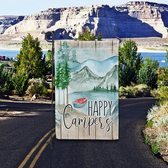 Happy Campers Lake with A Boat Garden Flag