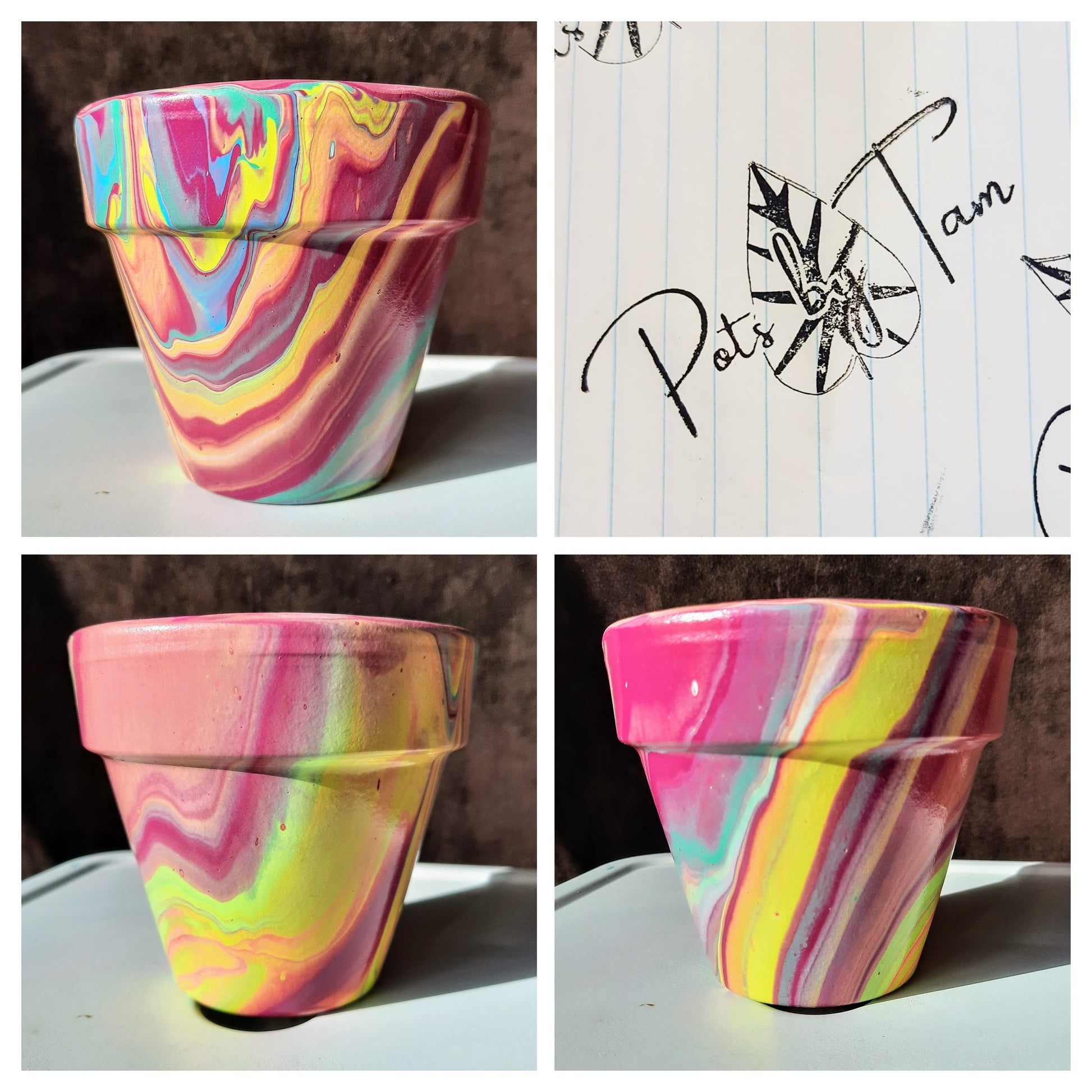acrylic plant pots Hand Painted Terra Cotta Planter - Acrylic Pour Method