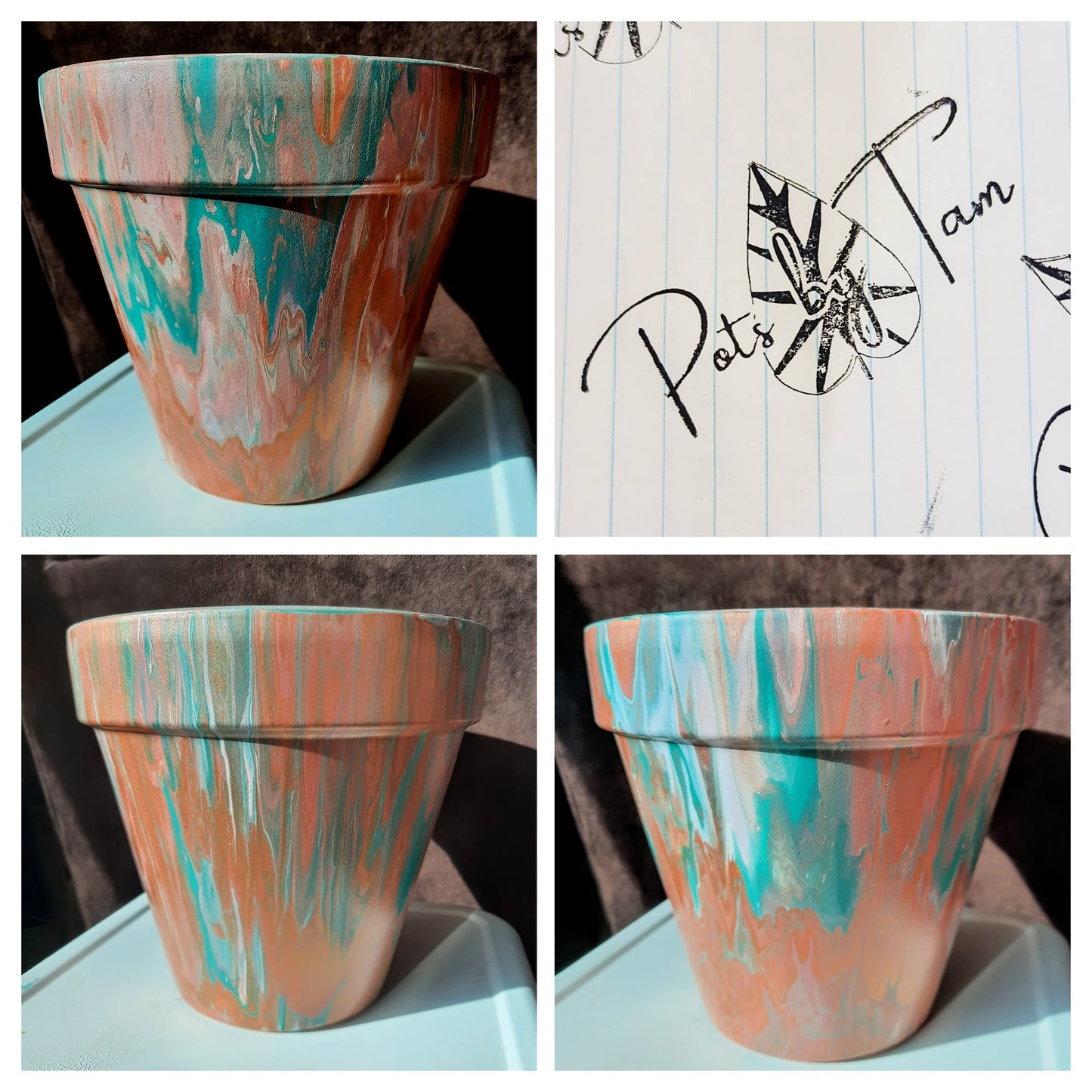 Hand Painted Terra Cotta Planter - Acrylic Pour Method - 8"