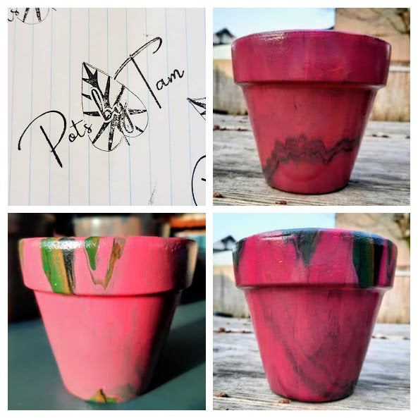 Hand Painted Terra Cotta Planter - Acrylic Pour Method - 4 1/2"