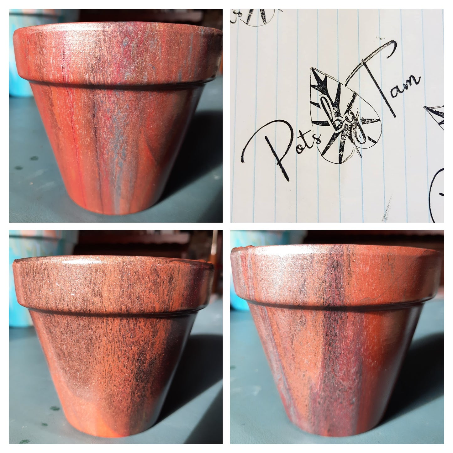 Hand Painted Terra Cotta Planter - Acrylic Pour Method - 4 1/2"