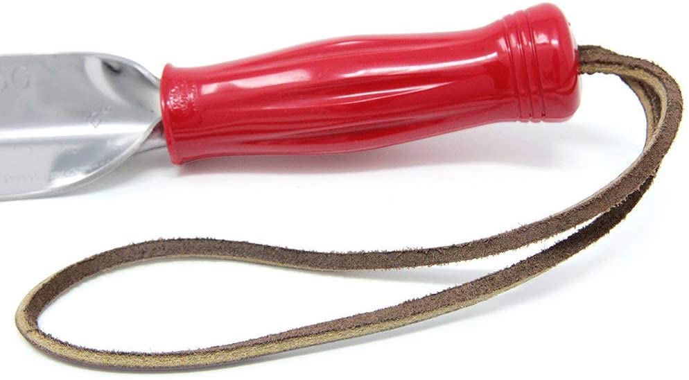 Wilcox stainless steel trowel with red handle and leather wrist strap